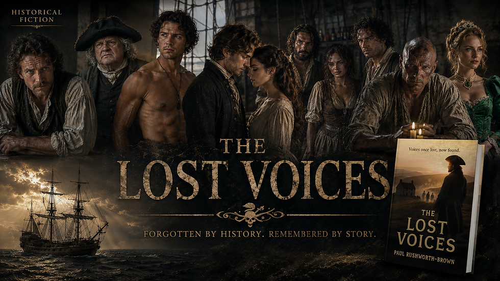 Cover of The Lost Voices by Paul Rushworth-Brown, a historical fiction novel inspired by forgotten voices from the past.