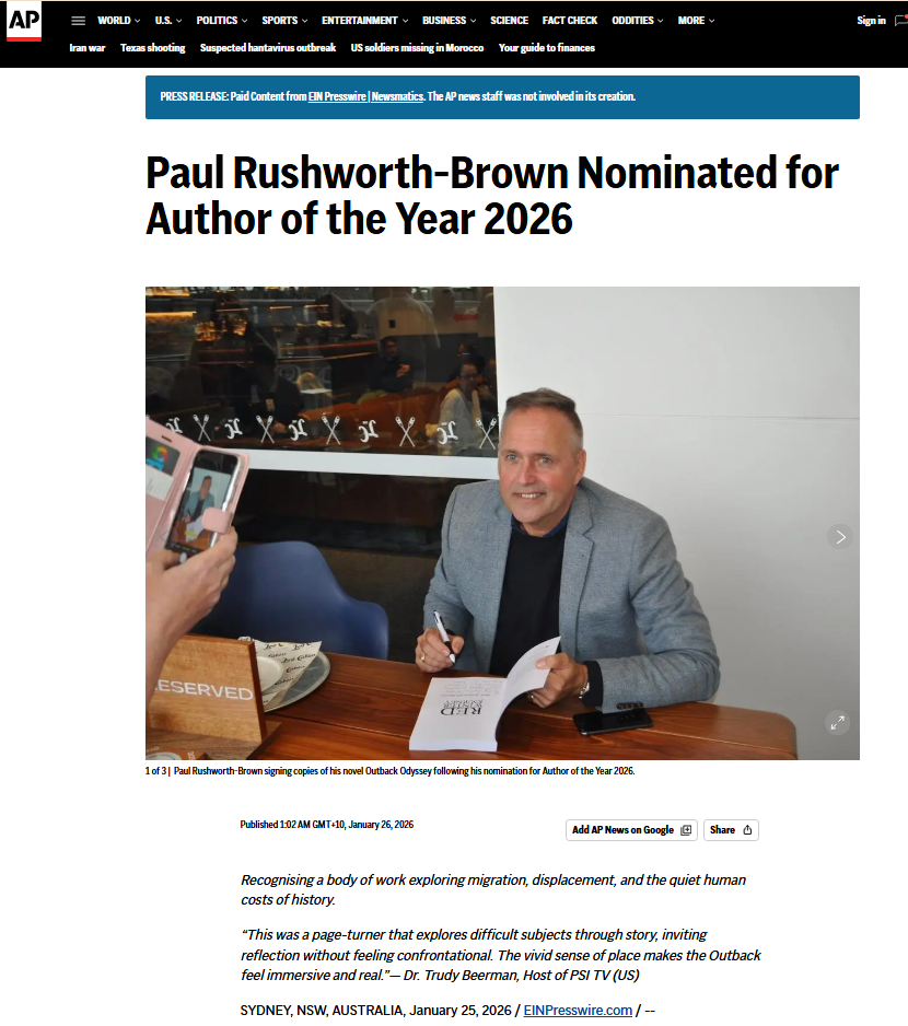 AP-hosted EIN Presswire announcement of Paul Rushworth-Brown's nomination for 2026 Author of the Year, showing the Australian author signing a book at a table.