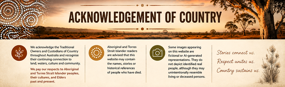 Wide website banner titled "Acknowledgement of Country" featuring an Australian outback landscape at sunset with Aboriginal-inspired dot artwork. The banner acknowledges the Traditional Owners and Custodians of Country, pays respect to Aboriginal and Torres Strait Islander peoples and Elders past and present, advises readers that the website may contain historical references to deceased persons, and notes that some images are fictional or AI-generated representations that may unintentionally resemble living or deceased people.
