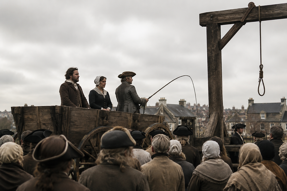 18th-century public execution scene showing a condemned prisoner arriving by cart at the gallows while townspeople gather to witness the hanging in England.