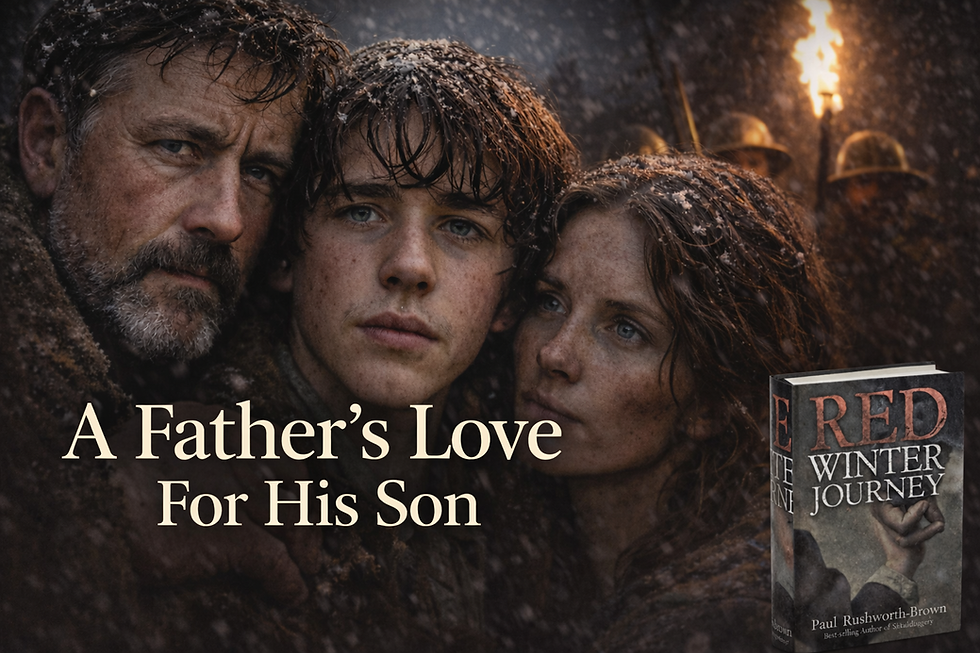 A young man stands between an older man and a woman in cold, wet conditions, their faces close together and marked by hardship, capturing a moment of family tension, protection, and emotional strain during wartime