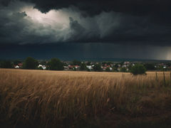 Dark storm clouds gathering over a rural town and wheat field, suggesting impending change and emotional tension.