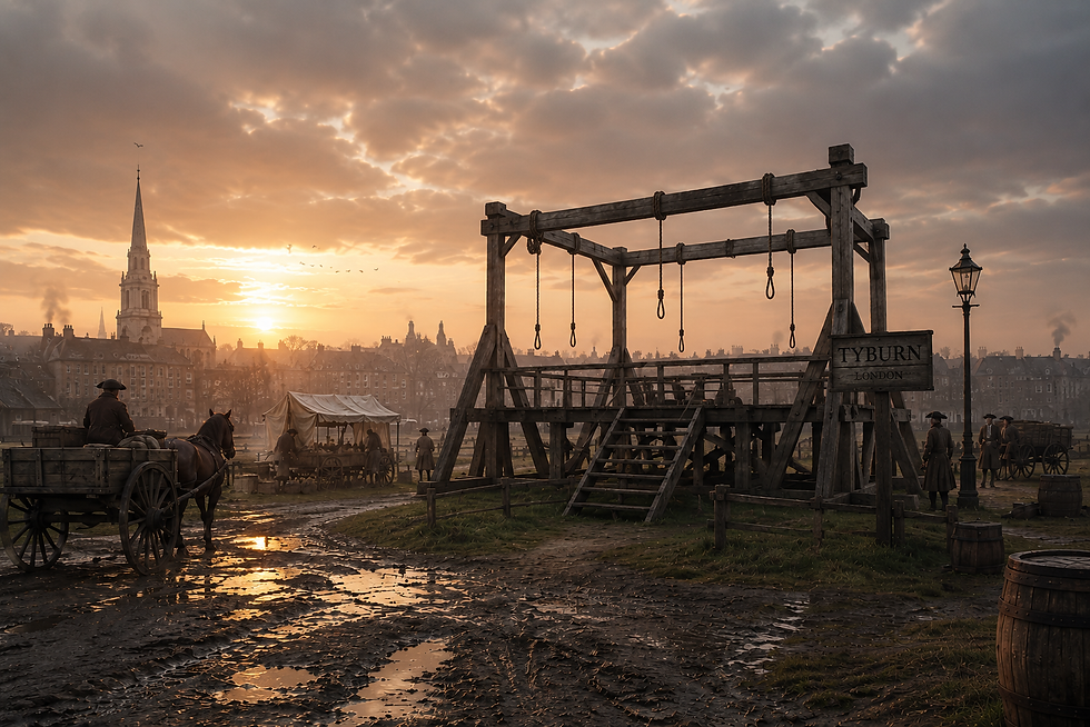 Photo-realistic reconstruction of the Tyburn Tree in Georgian London at dawn, showing the famous triangular gallows standing over muddy ground before crowds arrive.