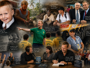 Collage of author Paul Rushworth-Brown's life journey, featuring childhood in Maidstone, travels through Asia and Arnhem Land, work with Indigenous Australians, leadership with the Australian Pararoos, advocacy for athletes with disabilities, meetings with national leaders, broadcasting and podcasting, writing historical fiction, and speaking to audiences. The montage traces his path from curious young explorer to author, interviewer, educator and storyteller."  