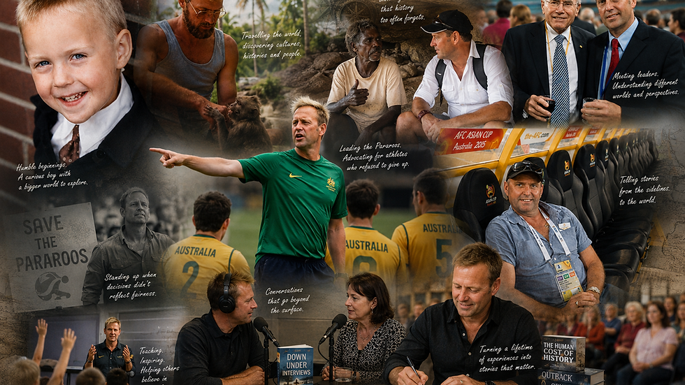 Collage illustrating the life and experiences of author Paul Rushworth-Brown, featuring his childhood in Maidstone, travels through Asia and Arnhem Land, conversations with Indigenous Australians, advocacy for the Australian Pararoos, meetings with national leaders, teaching and public speaking, hosting interviews and podcasts, and writing historical fiction. The montage traces his journey from curious explorer to storyteller, educator and author.