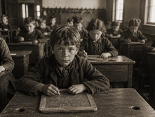 Black-and-white Victorian classroom photograph showing poor schoolchildren seated at wooden desks using slate boards.