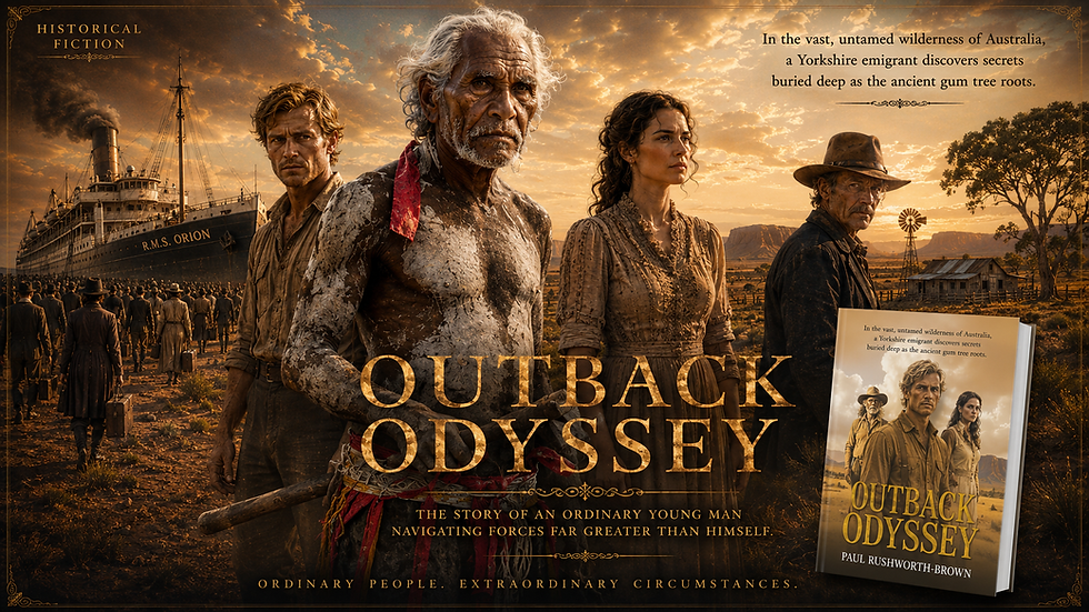 Cover of Outback Odyssey by Paul Rushworth-Brown, a historical novel about English migrant Jimmy Brown's journey through 1950s Australia, exploring belonging, identity, survival, and the human cost of hope.