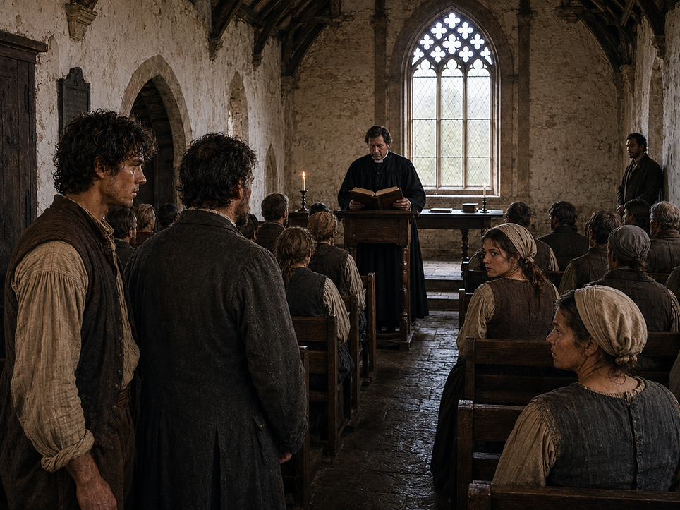 Photorealistic reconstruction of the first reading of the marriage banns inside Saint Michael's Church, Hall Green, Yorkshire, in the autumn of 1603. The Vicar stands at a simple wooden reading desk, reading from the parish register and Book of Common Prayer while the congregation faces forward. In the left foreground, Thomas Rushworth stands beside his father, John, and instinctively turns his head slightly after hearing his name. Across the aisle, Agnes Hargreaves quietly glances back towards him, while their mothers notice the exchange. At the rear of the church, the Steward stands silently observing the service. Sunlight filters through the medieval leaded-glass window, illuminating the worn stone floor, timber roof, whitewashed walls and simple wooden benches, creating an authentic atmosphere of a Yorkshire parish church in the early seventeenth century.