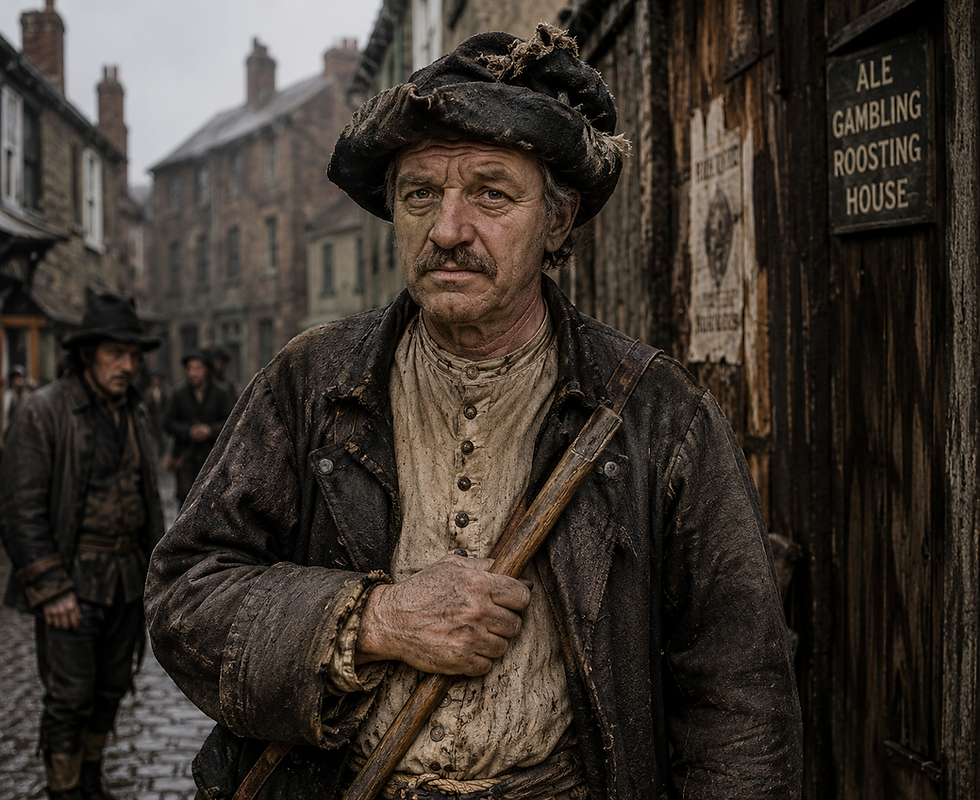 Realistic portrait of a seventeenth-century English thief-taker standing in a narrow cobbled street, illustrating the corrupt criminal underworld of early modern England.