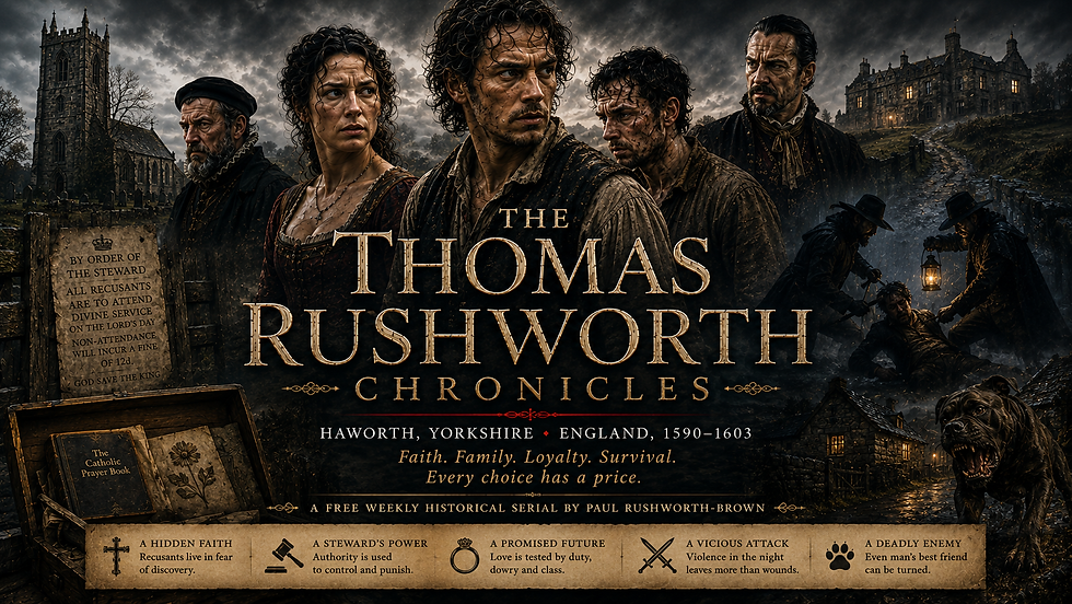Promotional image for The Thomas Rushworth Chronicles, Paul Rushworth-Brown's free historical fiction series set in Yorkshire between 1590 and 1603.