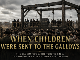 When Children Were Sent to the Gallows photo tile showing the infamous Tyburn Tree in 18th-century London surrounded by a large crowd gathered beneath the triangular gallows during the era of England's Bloody Code.