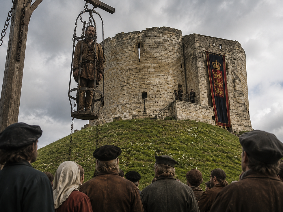 Historical recreation of a prisoner displayed in chains outside Clifford's Tower in York following the suppression of the Pilgrimage of Grace.