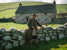 Man standing on the moors of Yorkshire in front of a old style cottage