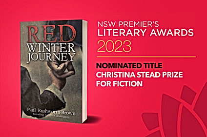 Promotional graphic for Red Winter Journey by Paul Rushworth-Brown featuring the book cover alongside text announcing its 202