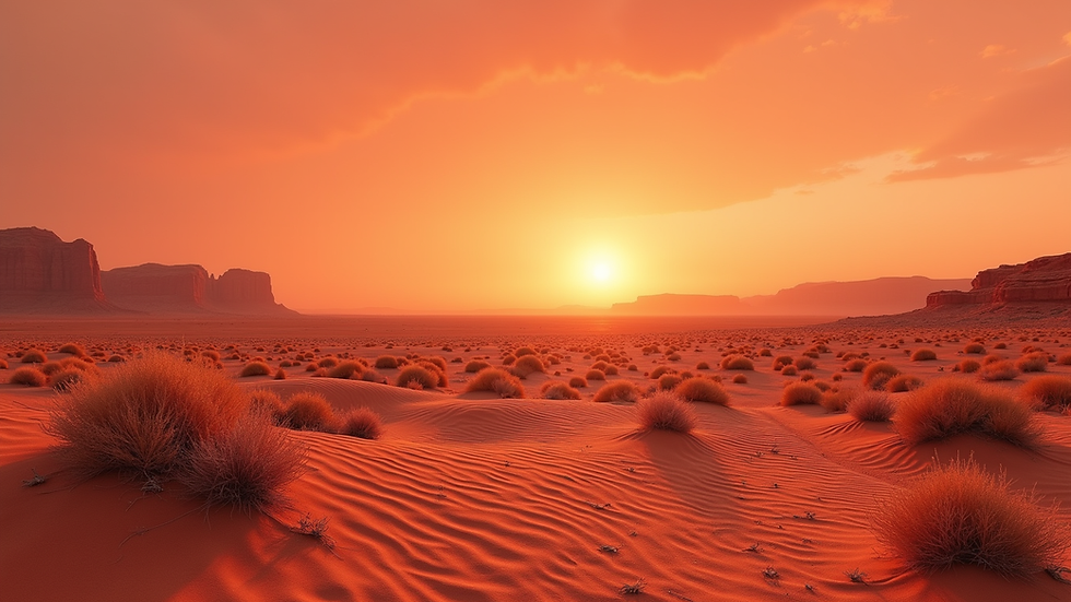 Wide angle view of a red desert landscape with sparse vegetation