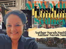 Promotional banner of author Sarah Smith with layered cityscape background referencing New York, London, and Sydney, alongside interviewer Paul Rushworth-Brown and podcast branding elements.