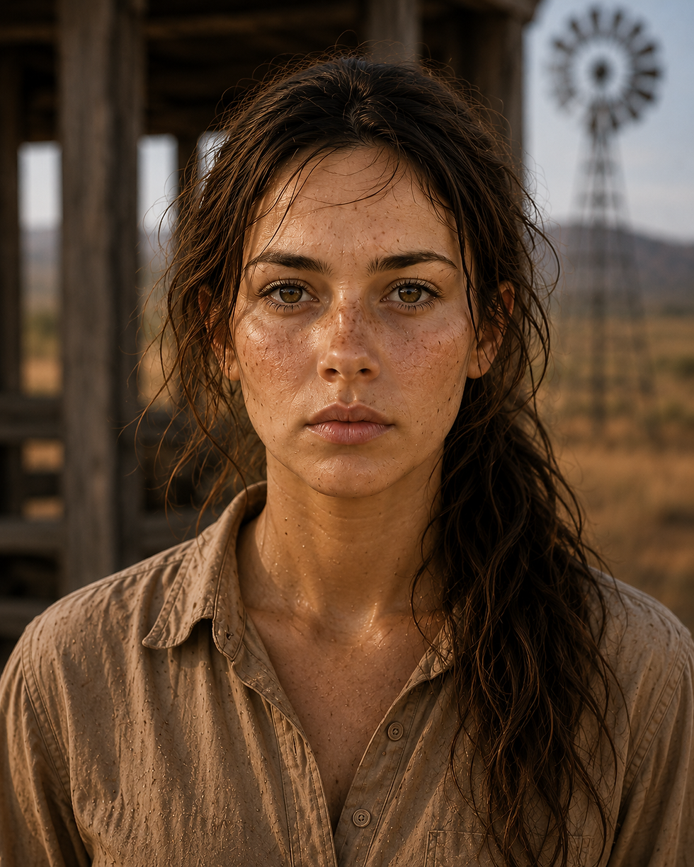 Amanda Olsen, Dutch-Australian station owner in Outback Odyssey, photographed in a simple summer dress, reflecting the quiet strength, compassion, and resilience at the heart of Australia's rural landscape.
