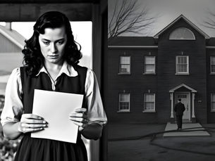 Split-panel black-and-white image. Left: a 1930s woman standing outside a farmhouse, holding a letter and looking worried. Right: a man in period clothing walking toward the entrance of a large brick institutional building. Symbolic of the emotional and physical distance between Vesta and Gordon in The Resettlement of Vesta Bloník