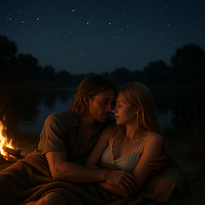 Jimmy and Amanda Olsen share a quiet, intimate moment by a campfire under the stars at the billabong, reflecting the developing romance in Outback Odyssey.