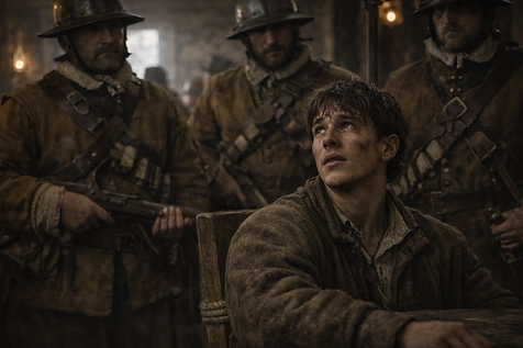 Young man seated anxiously inside a dimly lit seventeenth-century room surrounded by armed soldiers during a tense English Ci