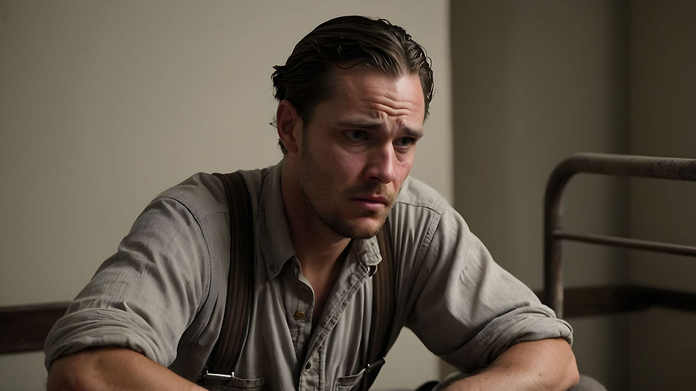 Colour image of a 1930s working-class man sitting indoors, looking tense and distressed. Depicts Gordon wrestling with emotional and economic strain.