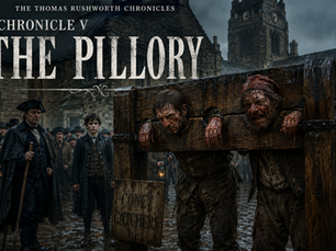 Dark, cinematic historical scene from The Thomas Rushworth Chronicles: Chronicle V – The Pillory, showing two battered men locked in a wooden pillory in a muddy Yorkshire town square as townspeople gather around beneath stormy skies, capturing the brutality, public humiliation, and tension of seventeenth-century village justice.