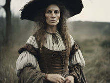 A stern-looking woman in worn 17th-century rural clothing stands alone in a windswept field beneath an overcast sky. She wears a large dark bonnet, layered peasant garments, and a weathered brown bodice, with muted earthy tones creating a bleak, atmospheric Yorkshire historical setting.