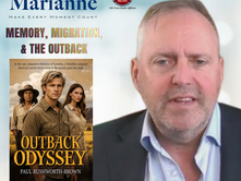 Book cover of Outback Odyssey by Paul Rushworth-Brown set against the Australian outback landscape with Uluru glowing red at sunset, reflecting the novel’s story of a Yorkshire migrant discovering buried secrets in the Australian wilderness.