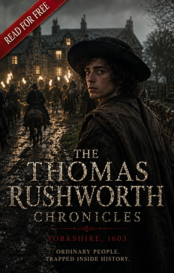 “Dark cinematic promotional cover for The Thomas Rushworth Chronicles featuring a young Yorkshire man in 1603 turning back fearfully as torch-bearing riders approach Haworth Manor along a muddy rain-soaked road at night. The image includes dramatic historical atmosphere, glowing manor windows, and a red ‘Read for Free’ banner.”