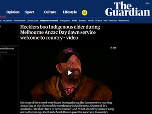 Courtesy of The Guardian Newspaper showing the article cover of "Hecklers boo Indigenous elder during Melbourne Anzac Day dawn service Welcome to Country