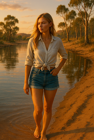 Woman walking barefoot along the edge of a river in the Australian bush during golden hour, reflective mood.