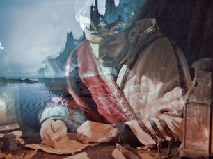 Medieval scribe writing by candlelight with layered imagery of a castle, evoking storytelling, history, and hidden narratives