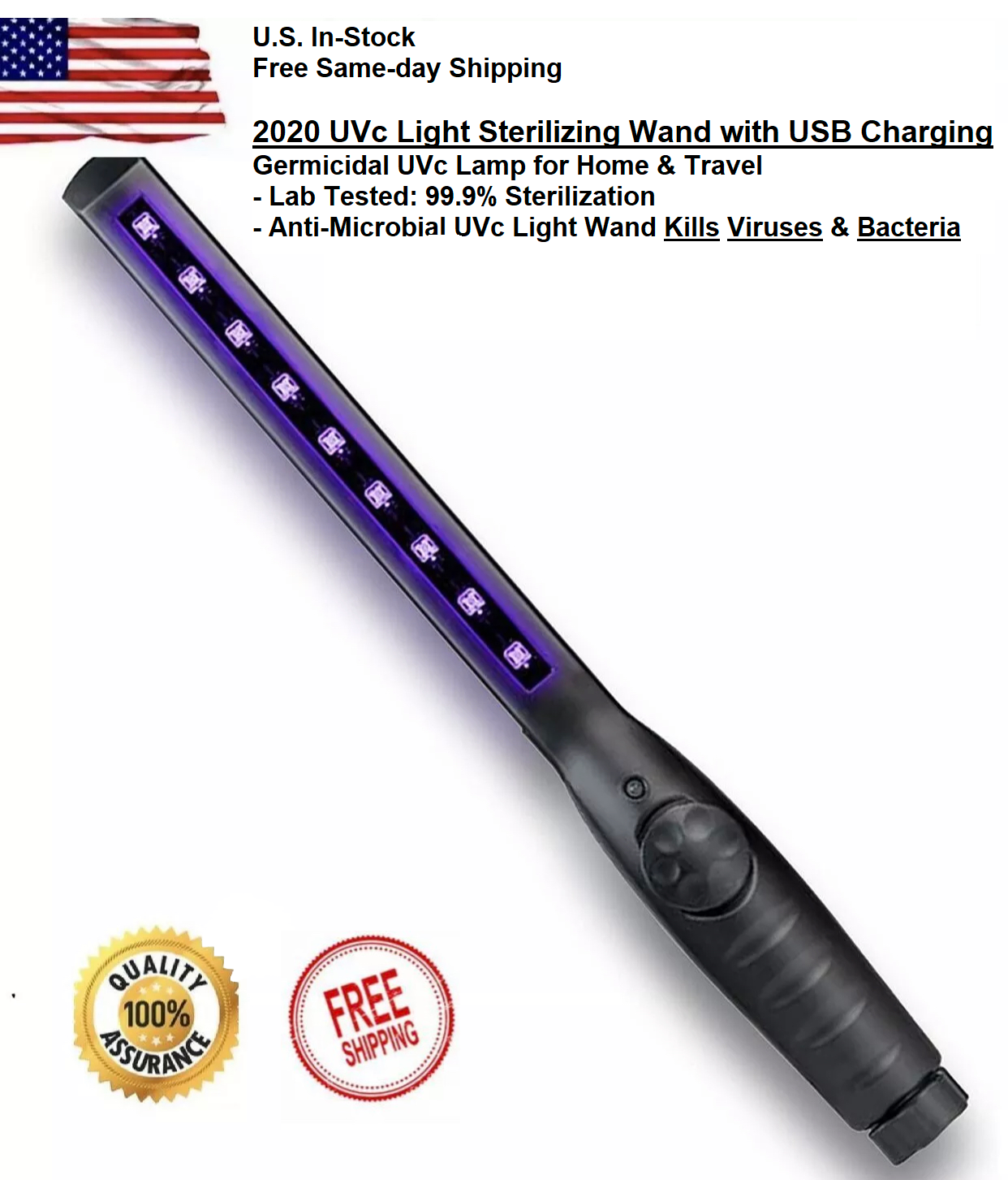 Portable UV Sanitizer Wand: Handheld, Rechargeable, for Home/Office