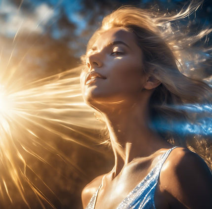 golden light streaming through sun and clear triumphant lady looking at sun with blue and
