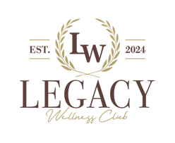 Full Legacy Welleness Club Logo written out with a capital "L" and "W" in brown, with a gold crest around it & Est. 2024 date