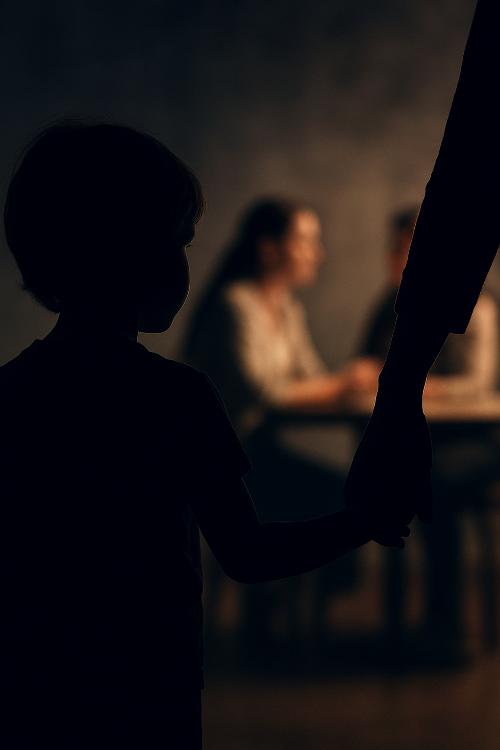 child holding adult hand viewing people having a discussion