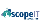 ScopeIT Education official logo featuring blue and purple text with a green hand-click icon.