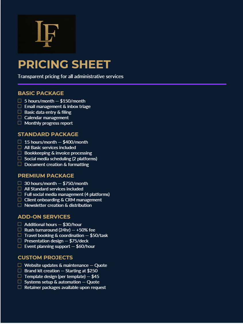 Administrative Pricing Sheet Template (Editable Canva Template)