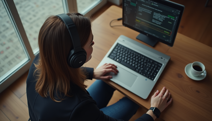 Vista en ángulo alto de una persona escuchando un podcast en inglés con auriculares