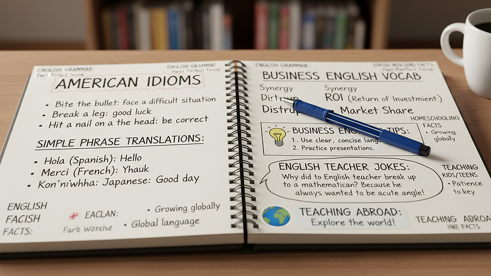Close-up view of a notebook with business English vocabulary and a pen