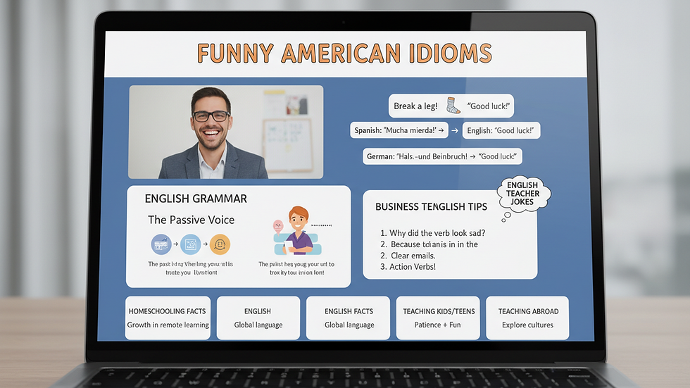 Close-up view of a laptop screen showing an online business English lesson