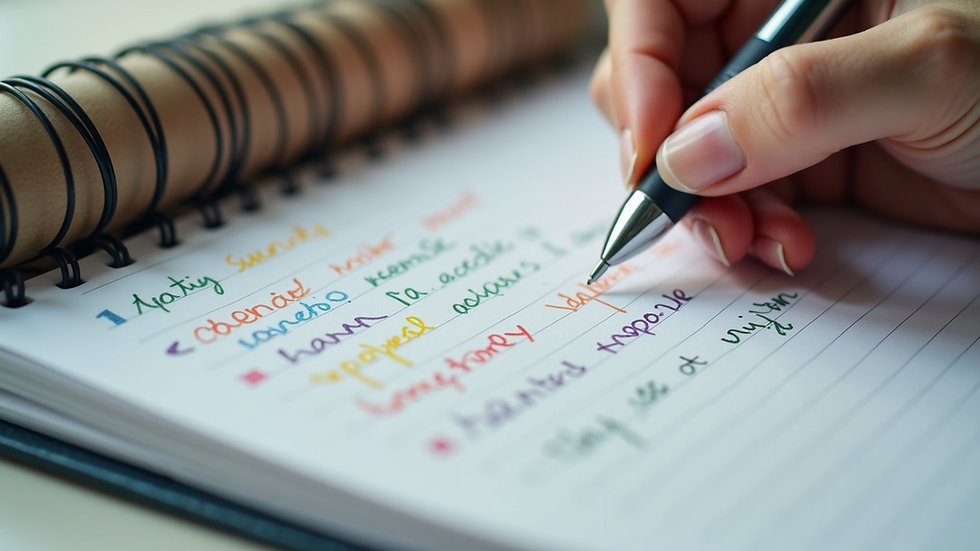 Close-up view of a notebook with colorful language notes and a pen