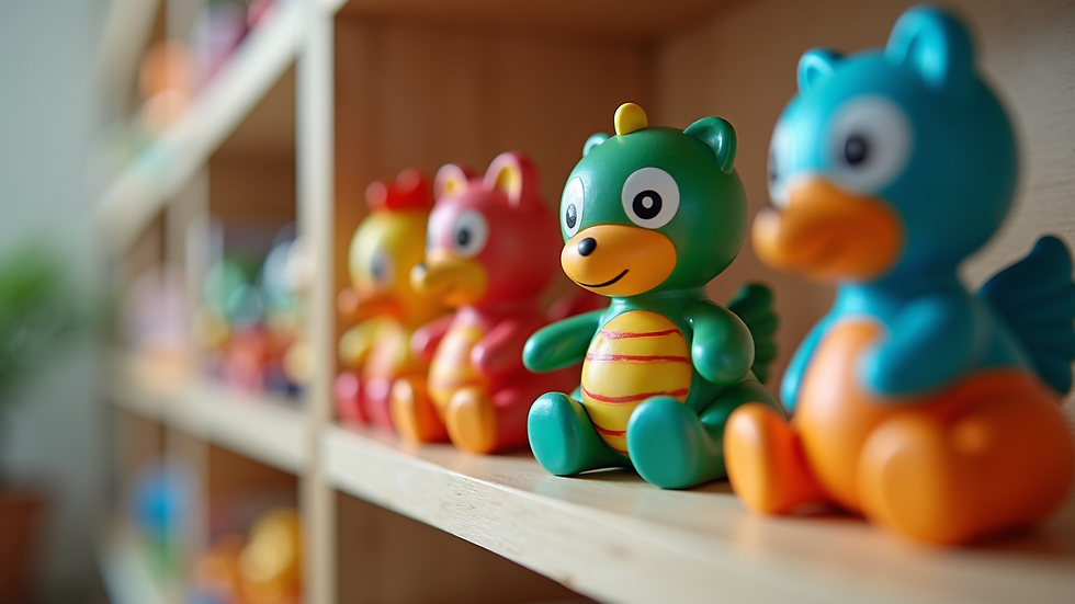 Close-up view of colorful educational toys arranged neatly on a shelf