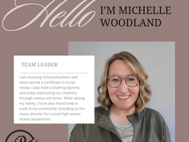 Image of a woman and text Hello I'm Michelle Woodland Team Leader with the Patella Publishing logo.