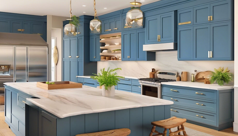 High angle view of a modern kitchen layout featuring stylish cabinets