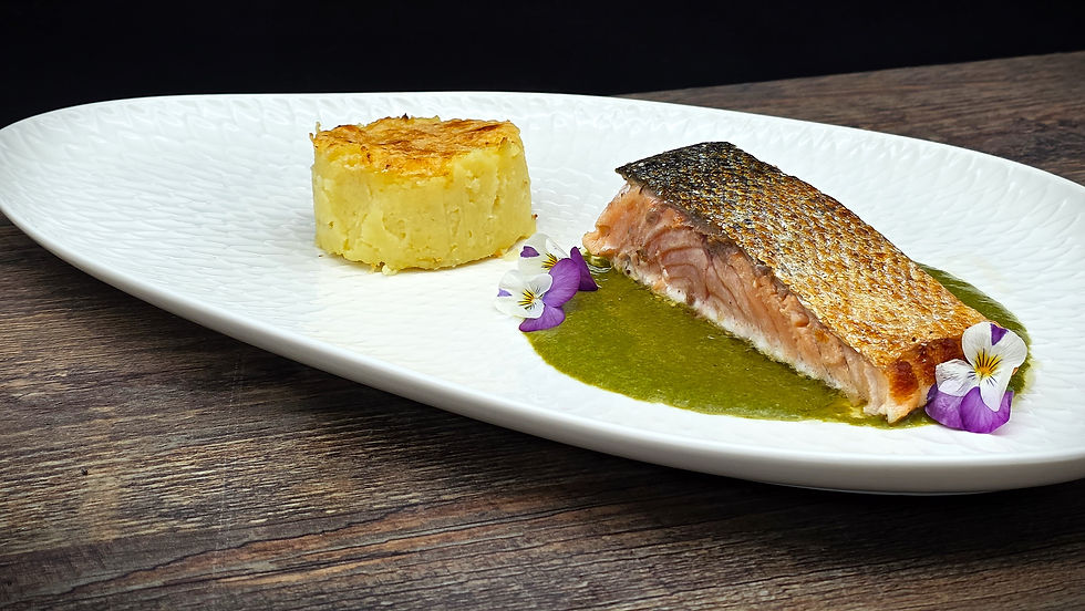 Auf der Haut gebratener Lachs, Martini-Spinat-Sauce, gratiniertes Kartoffelpüree