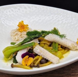 Steinbeißerfilet mit wildem Baby-Fenchel, Buchenpilzen und gedünstetem Reis