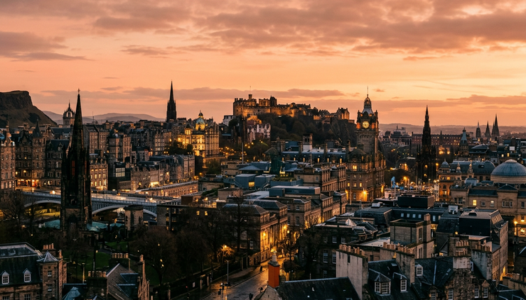 Wide-angle view of Edinburgh’s historic skyline under a soft evening sky