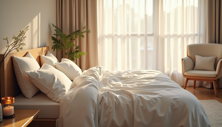 Eye-level view of a calm bedroom with soft natural light and a cozy bed