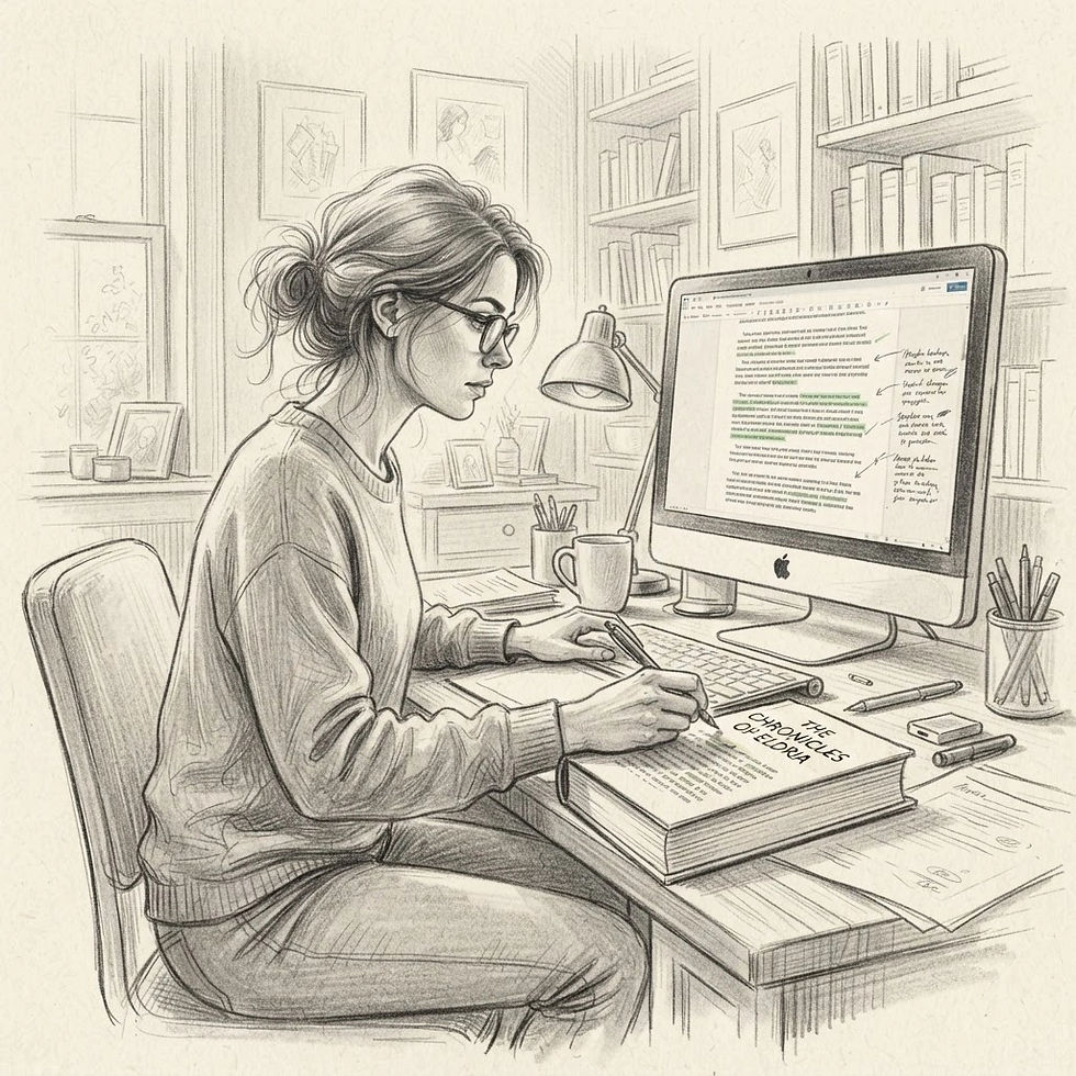 sketch of woman proofreading a book manuscript on a computer for any errors.jpg